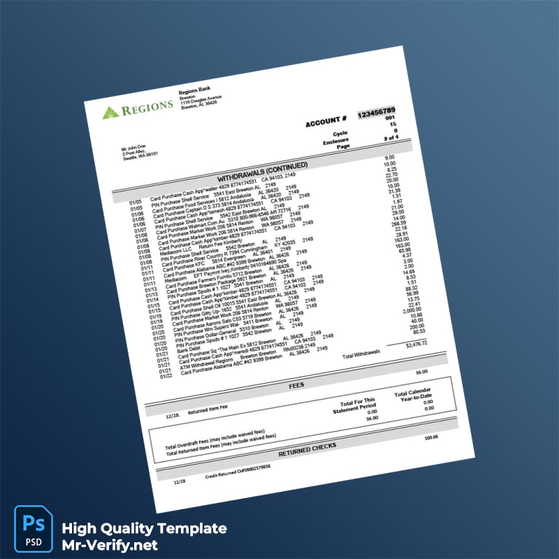 USA Regions Bank Statement Template in Word and PDF formats page 3 USA Regions Bank Statement Template in Word and PDF formats page 3