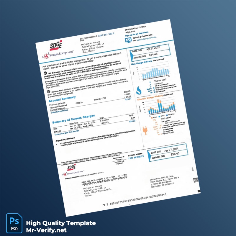 USA SDG E Editable Energy Bill Template in Word and PDF formats USA SDG E Editable Energy Bill Template in Word and PDF formats