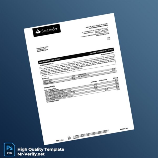 USA Santander Bank Statement Template in Word and PDF formats