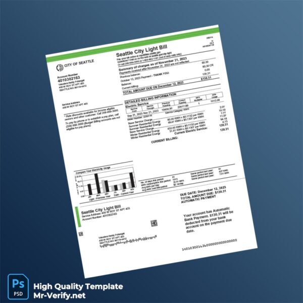 USA Seattle City Light Editable Electricity Bill Template in Word and PDF formats USA Seattle City Light Editable Electricity Bill Template in Word and PDF formats