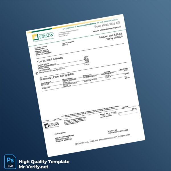 USA Southern California Edison Editable Electricity Bill Template in Word and PDF formats USA Southern California Edison Editable Electricity Bill Template in Word and PDF formats