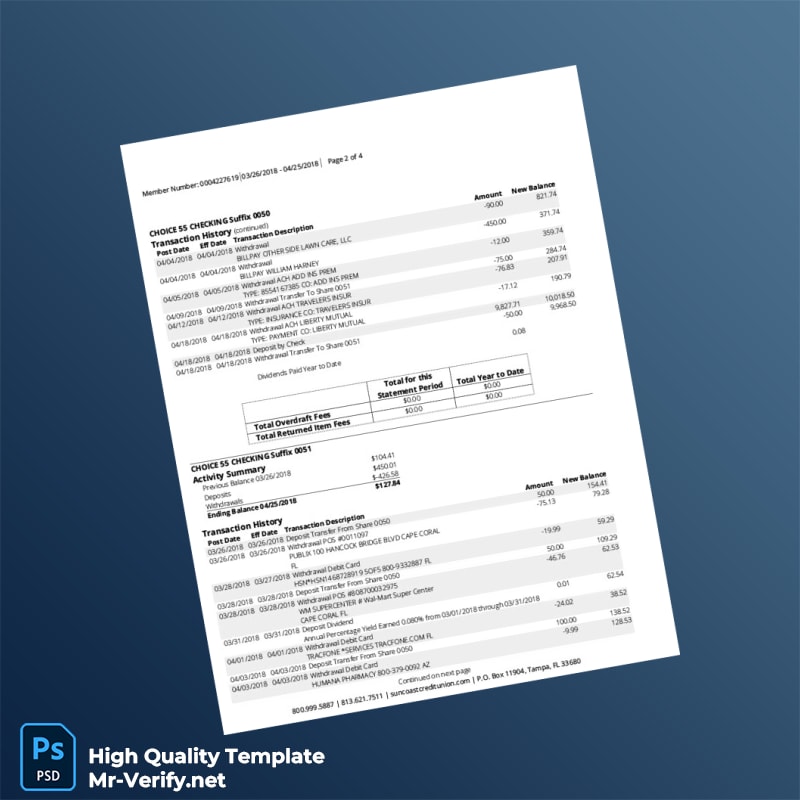 USA Suncoast Bank Statement Template in Word and PDF formats page 2 USA Suncoast Bank Statement Template in Word and PDF formats page 2
