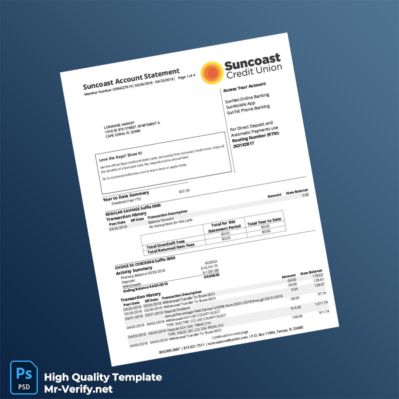 USA Suncoast Bank Statement Template in Word and PDF formats USA Suncoast Bank Statement Template in Word and PDF formats