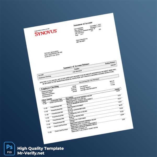 USA Synovus Bank Statement Template in Word and PDF formats