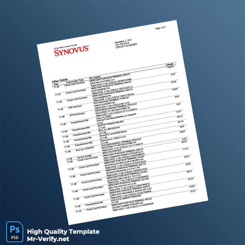 USA Synovus Bank Statement Template in Word and PDF formats page 2 USA Synovus Bank Statement Template in Word and PDF formats page 2