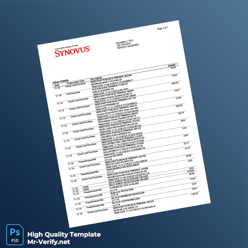 USA Synovus Bank Statement Template in Word and PDF formats page 3 USA Synovus Bank Statement Template in Word and PDF formats page 3