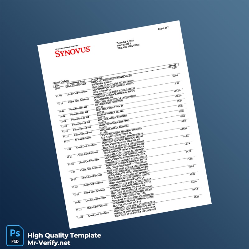 USA Synovus Bank Statement Template in Word and PDF formats page 4 USA Synovus Bank Statement Template in Word and PDF formats page 4