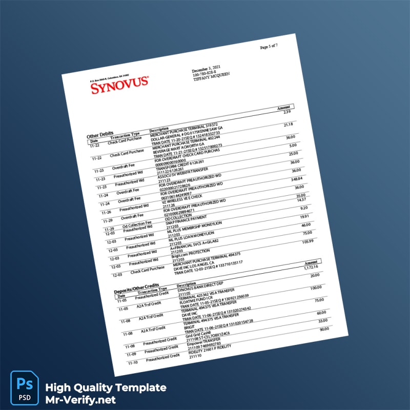USA Synovus Bank Statement Template in Word and PDF formats page 5 USA Synovus Bank Statement Template in Word and PDF formats page 5