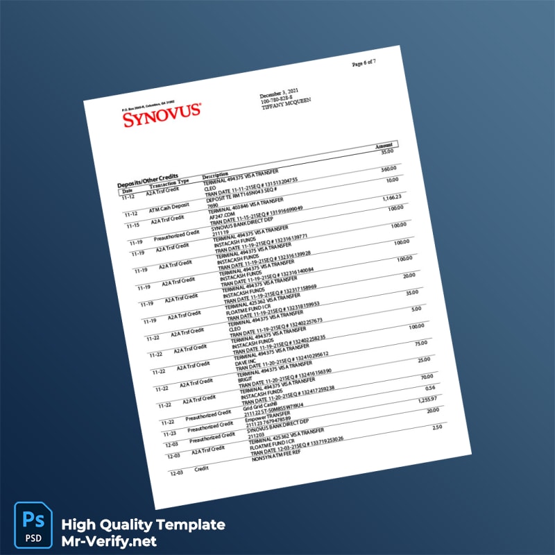 USA Synovus Bank Statement Template in Word and PDF formats page 6 USA Synovus Bank Statement Template in Word and PDF formats page 6