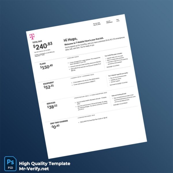 USA T Mobile Us Editable Summary Bill Template in Word and PDF formats
