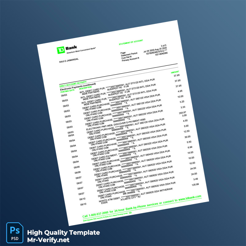 USA TD Bank Statement Template in Word and PDF formats page 3 USA TD Bank Statement Template in Word and PDF formats page 3
