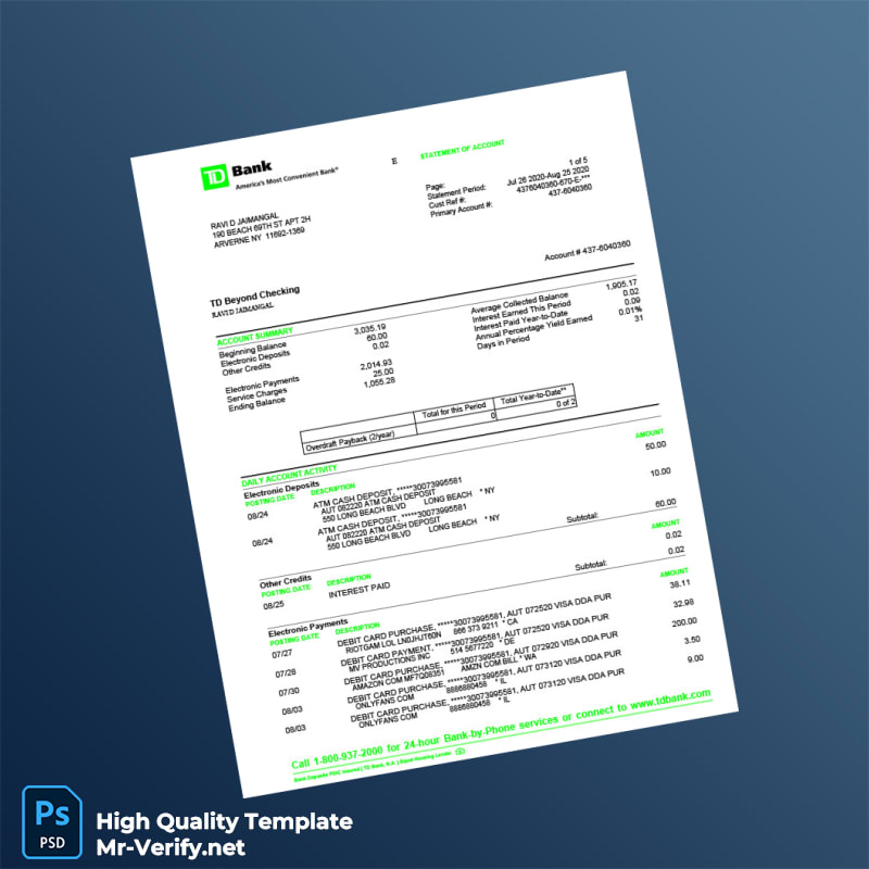 USA TD Bank Statement Template in Word and PDF formats USA TD Bank Statement Template in Word and PDF formats