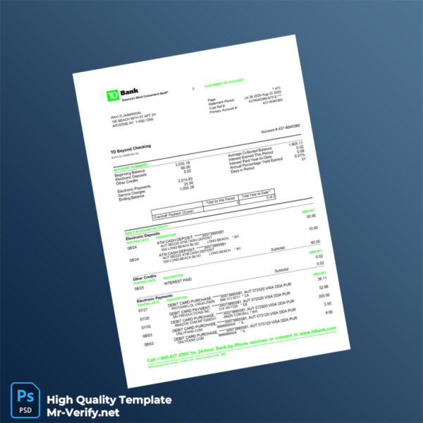 USA TD Bank Statements Template in Word and PDF formats USA TD Bank Statements Template in Word and PDF formats