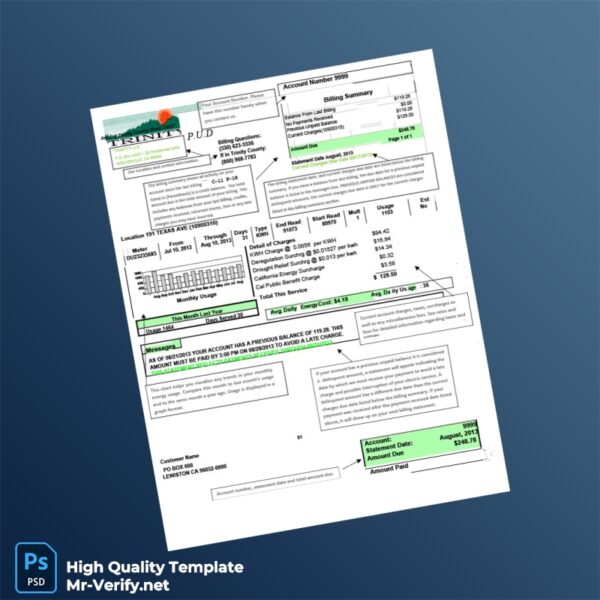 USA Trinity PUD Editable Utility Bill Template in Word and PDF formats