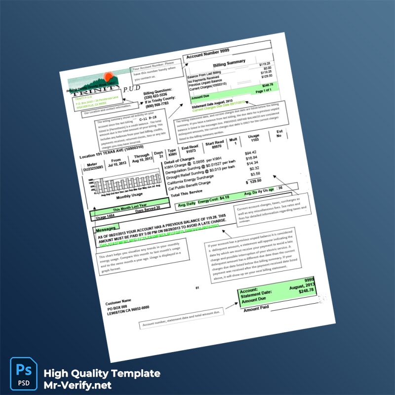USA Trinity PUD Editable Utility Bill Template in Word and PDF formats USA Trinity PUD Editable Utility Bill Template in Word and PDF formats