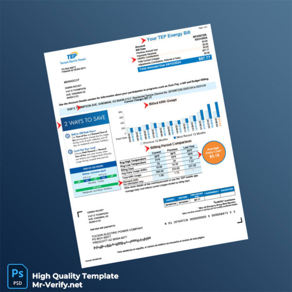 USA Tucson Electric Power Editable Electricity Bill Template in Word and PDF formats