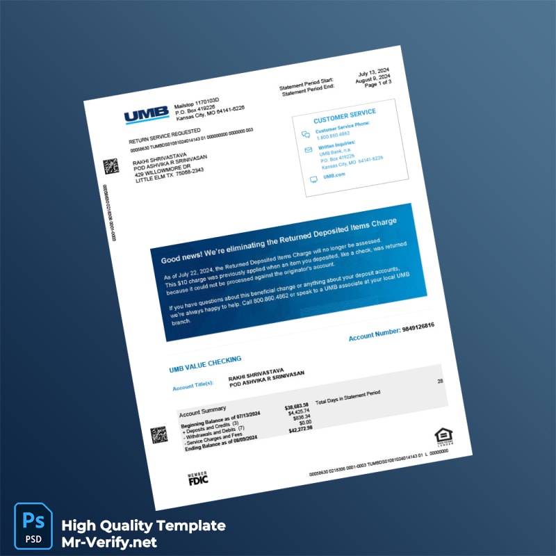USA UMB Bank Account Statement Template in Word and PDF formats USA UMB Bank Account Statement Template in Word and PDF formats