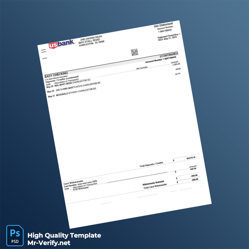 USA US Bank Bank Statement Template in Word and PDF formats page 2 USA US Bank Bank Statement Template in Word and PDF formats page 2