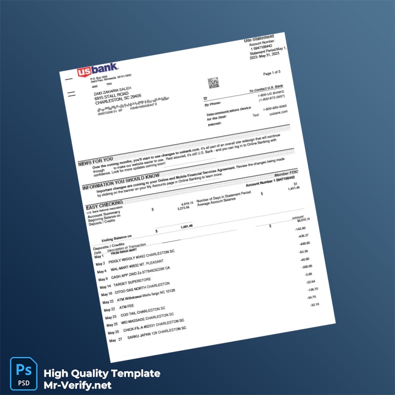 USA US Bank Bank Statement Template in Word and PDF formats USA US Bank Bank Statement Template in Word and PDF formats