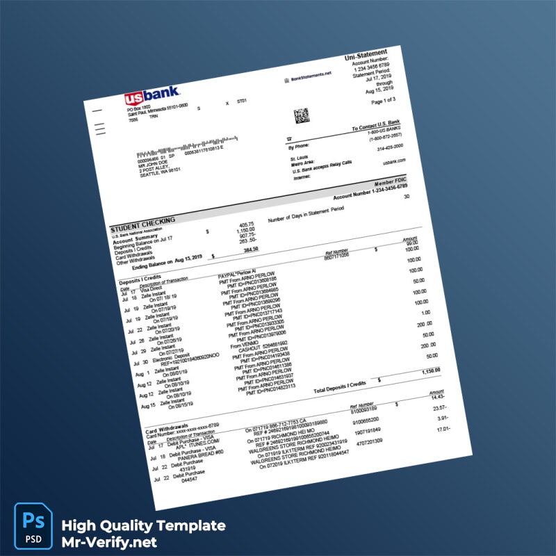 USA US Bank Statement Template in Word and PDF formats USA US Bank Statement Template in Word and PDF formats