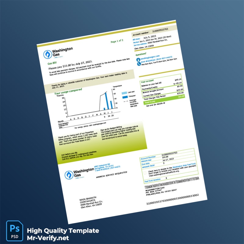 USA Washington Gas Editable Natural Gas Bill Template in Word and PDF formats USA Washington Gas Editable Natural Gas Bill Template in Word and PDF formats
