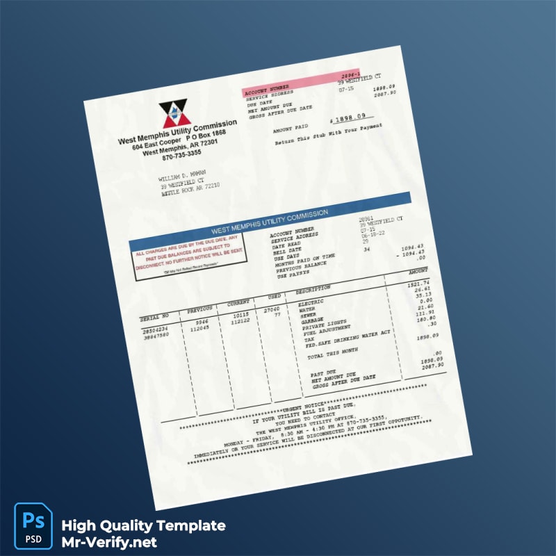 USA West Memphis Utility Commission Editable Utility Bill Template in Word and PDF formats USA West Memphis Utility Commission Editable Utility Bill Template in Word and PDF formats