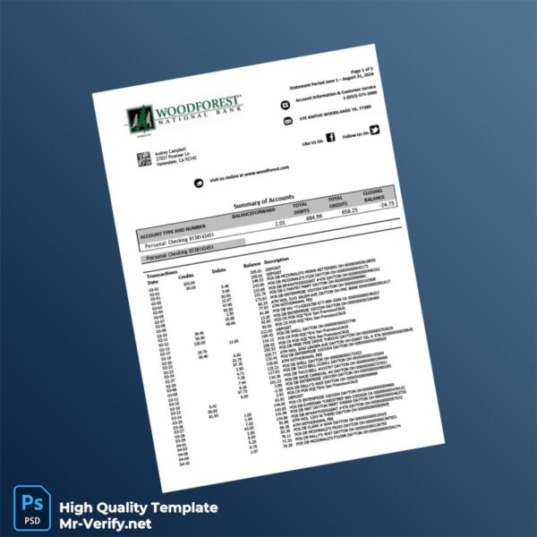 USA Woodforest National Bank Statement Template in Word and PDF formats USA Woodforest National Bank Statement Template in Word and PDF formats