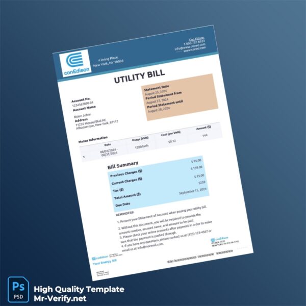 USA conEdison Editable Utility Bill Template in Word and PDF formats USA conEdison Editable Utility Bill Template in Word and PDF formats