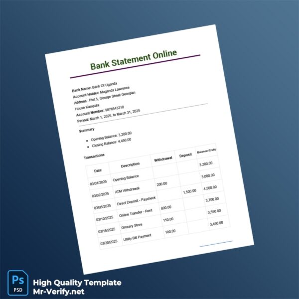 Uganda Bank Of Uganda Bank Statement Template in Word and PDF formats