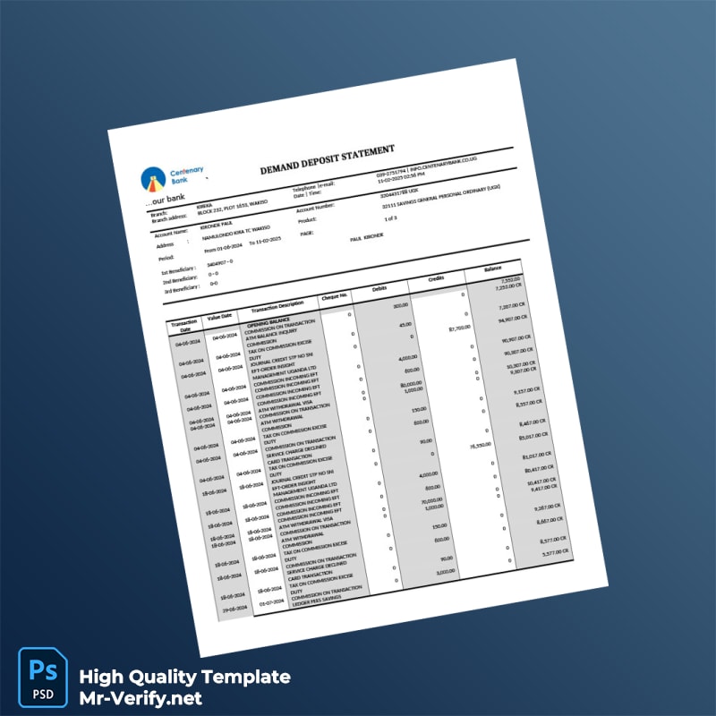 Uganda Centenary Bank Demand Deposit Statement Template in Word and PDF formats Uganda Centenary Bank Demand Deposit Statement Template in Word and PDF formats