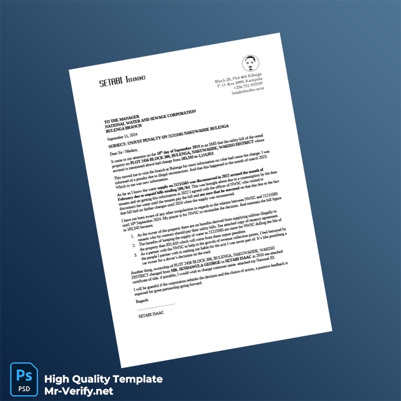 Uganda National Water and Sewage Corporation Editable Water Bill Template in Word and PDF formats Uganda National Water and Sewage Corporation Editable Water Bill Template in Word and PDF formats