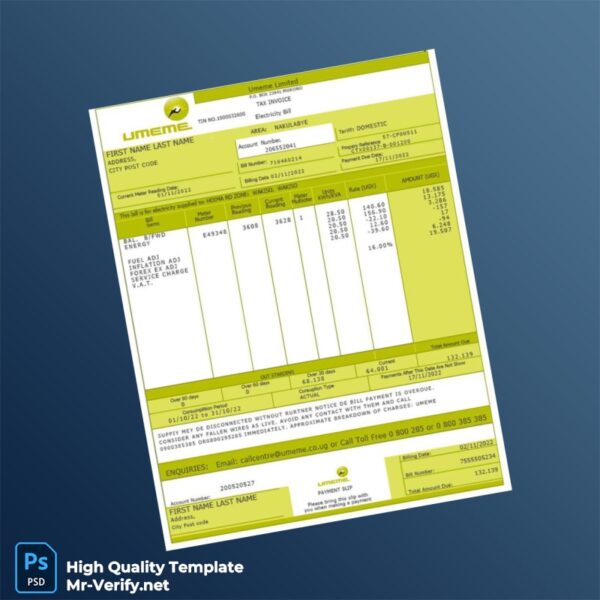 Uganda Umeme Editable Utility Bill Template in Word and PDF formats