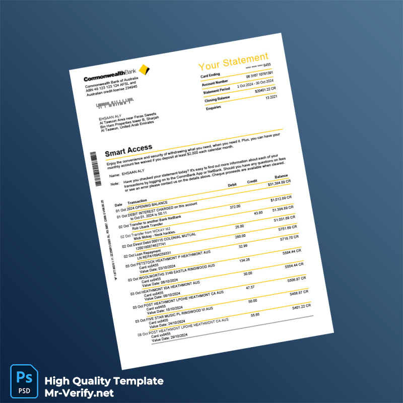 United Arab Emirates Commonwealth Bank Statement Template in Word and PDF formats United Arab Emirates Commonwealth Bank Statement Template in Word and PDF formats