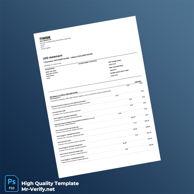 United Kingdom Wise Bank Statement Template in Word and PDF formats United Kingdom Wise Bank Statement Template in Word and PDF formats