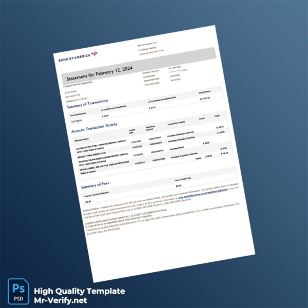 United States Bank of America Billing Bank Statement Template in Word and PDF formats United States Bank of America Billing Bank Statement Template in Word and PDF formats