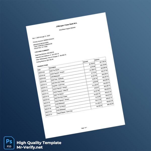 United States JPMorgan Chase Bank Editable Checking Account Statement Template in Word and PDF formats United States JPMorgan Chase Bank Editable Checking Account Statement Template in Word and PDF formats