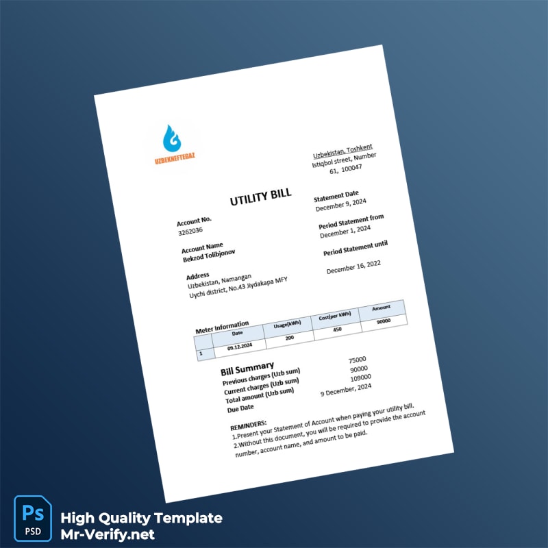 Uzbekistan Uzbekneftegaz Editable Utility Bill Template in Word and PDF formats Uzbekistan Uzbekneftegaz Editable Utility Bill Template in Word and PDF formats