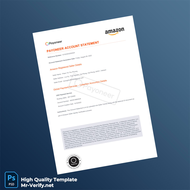 Vietnam Payoneer Account Statement Template in Word and PDF formats Vietnam Payoneer Account Statement Template in Word and PDF formats