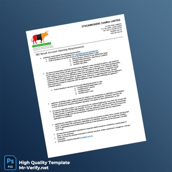 Zambia Stockbrokers Zambia Limited Editable Account Opening Requirements Template in Word and PDF formats