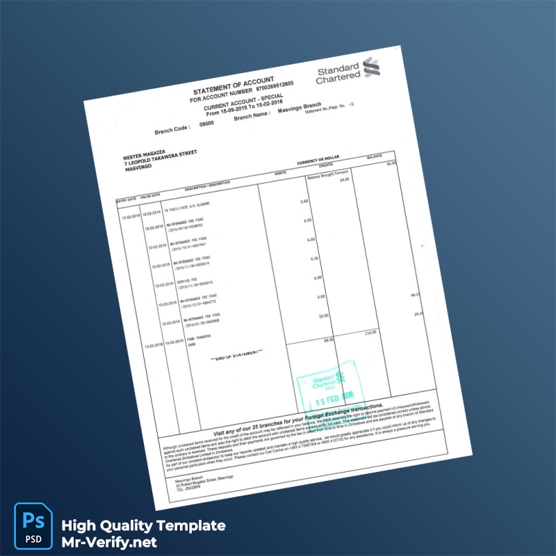 Zimbabwe Standard Chartered Bank Statement Template in Word and PDF formats page 2 Zimbabwe Standard Chartered Bank Statement Template in Word and PDF formats page 2