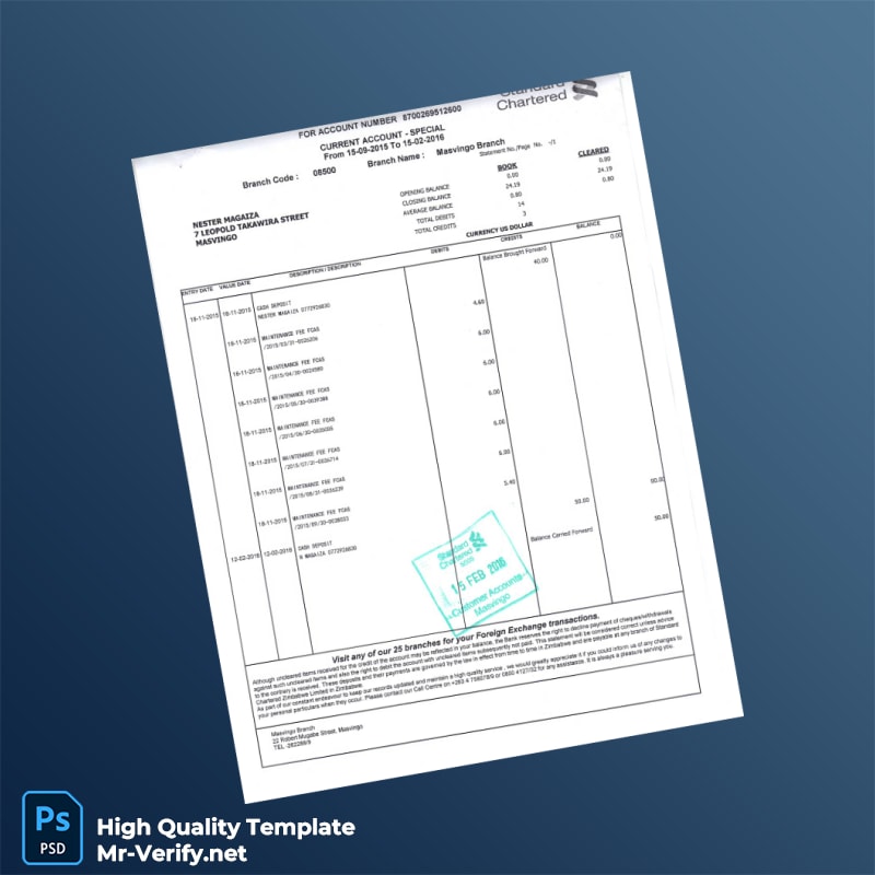 Zimbabwe Standard Chartered Bank Statement Template in Word and PDF formats Zimbabwe Standard Chartered Bank Statement Template in Word and PDF formats
