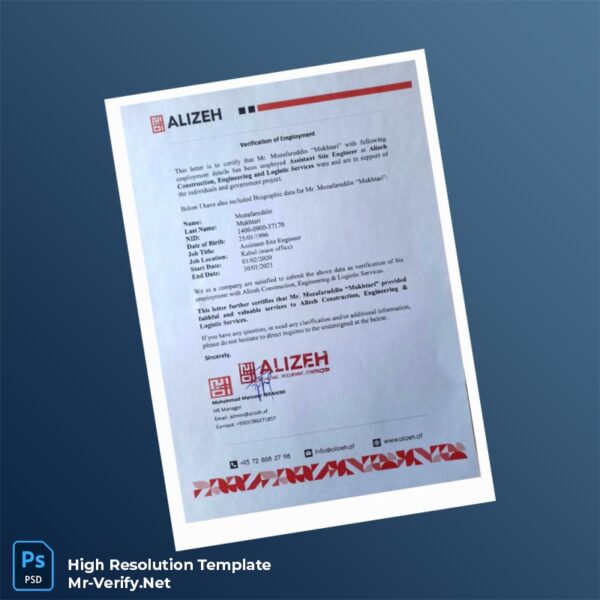 Editable Afghanistan Alizeh Employment Verification Letter Word and Pdf Template Preview - Mac Doc