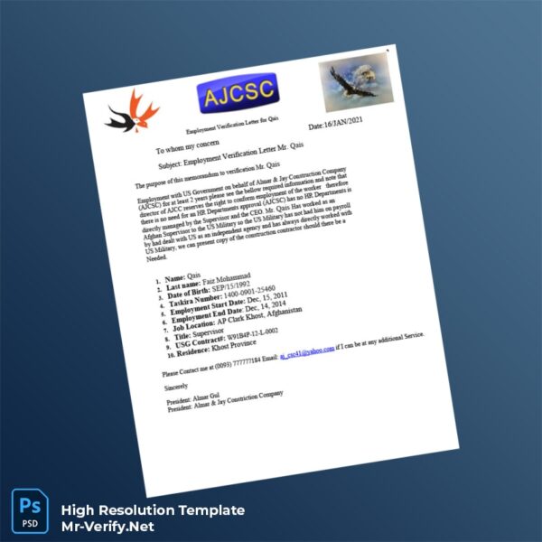 Editable Afghanistan Almar Jay Construction Company Employment Verification Letter Word and Pdf Template Preview - Mac Doc