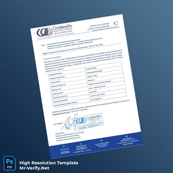 Editable Afghanistan Cinderella Construction Company Employment Verification Letter Word and Pdf Template Preview - Mac Doc