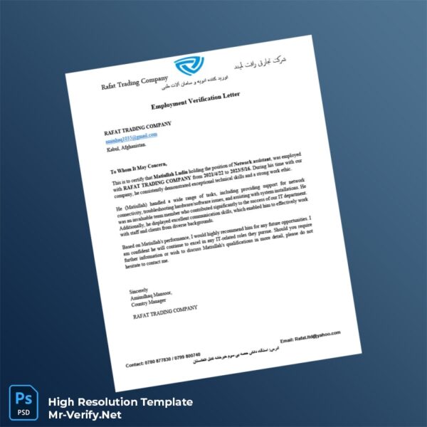 Editable Afghanistan RAFAT TRADING COMPANY Employment Verification Letter Word and Pdf Template Preview - Mac Doc
