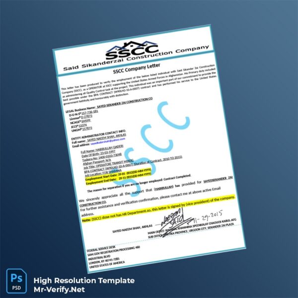 Editable Afghanistan SSCC Employment Verification Letter Word and Pdf Template Preview - Mac Doc