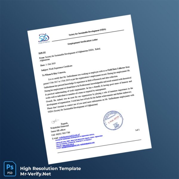 Editable Afghanistan Society for Sustainable Development Employment Verification Letter Word and Pdf Template Preview - Mac Doc