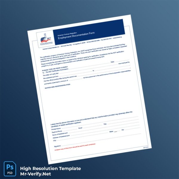 Editable American Culinary Federation Employment Verification Letter Word and Pdf Template Preview - Mac Doc