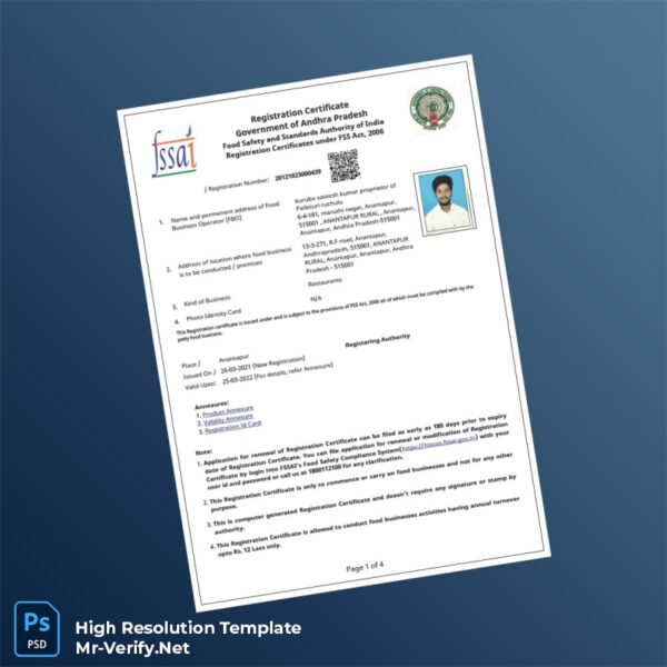Editable Andhra Pradesh Food Safety and Standards Authority Registration Certificate Word and Pdf Template Preview - Mac Doc