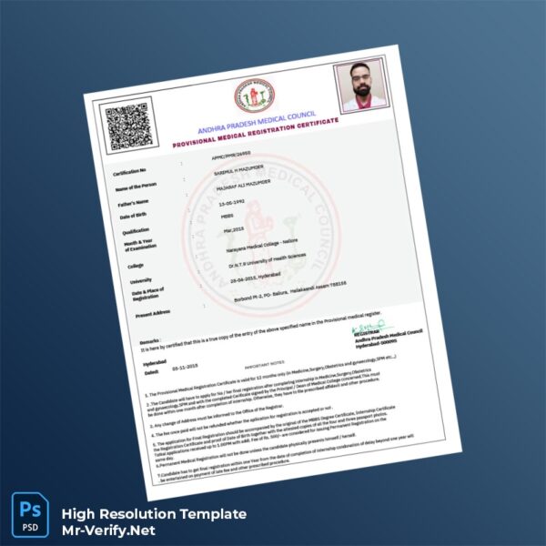 Editable Andhra Pradesh Medical Council Provisional Medical Registration Certificate Word and Pdf Template Preview - Mac Doc
